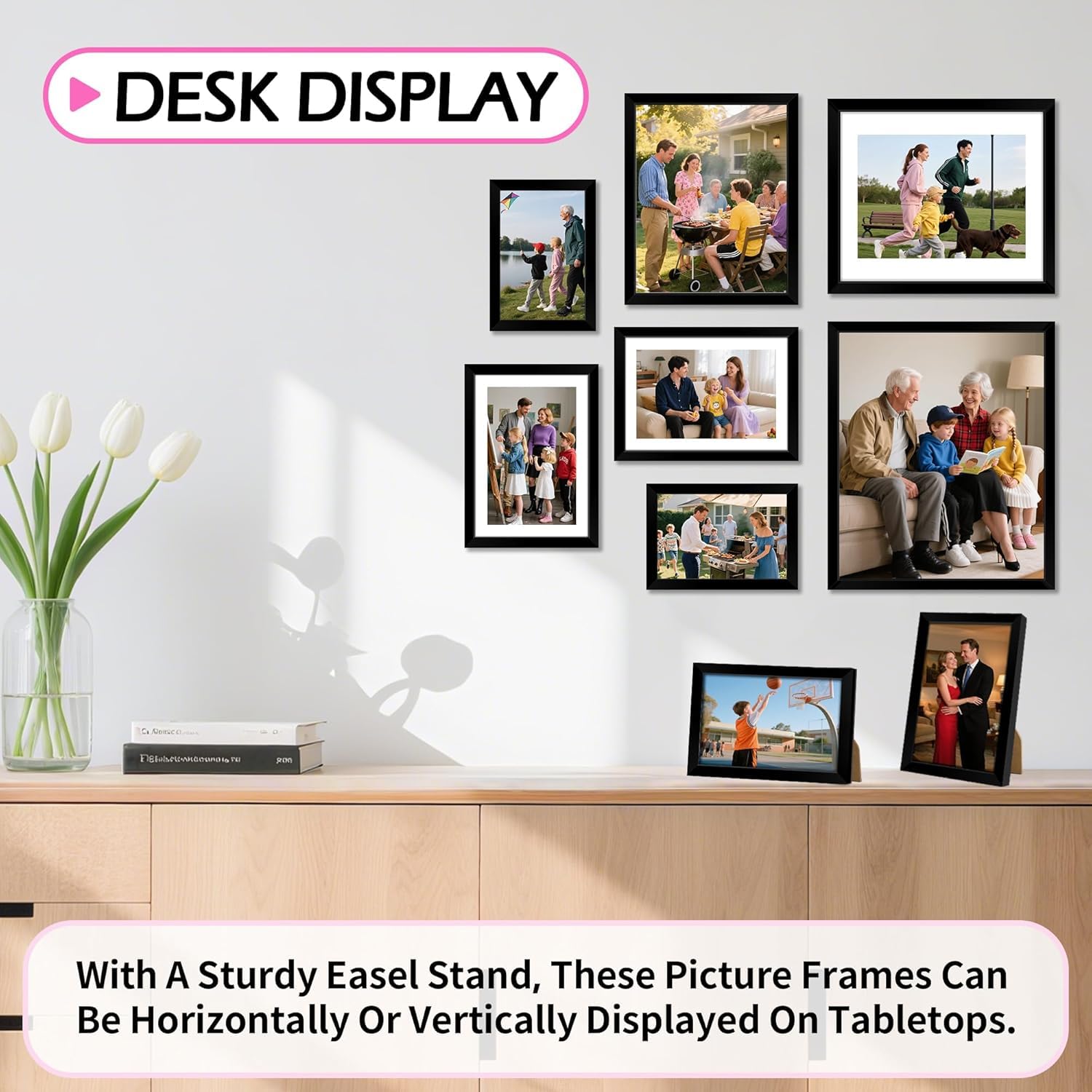 HOMERHYME 5x7 Picture Frame Set of 8, Black Photo Frames for Gallery Wall Mounting or Table Display, Display Pictures 4x6 with M